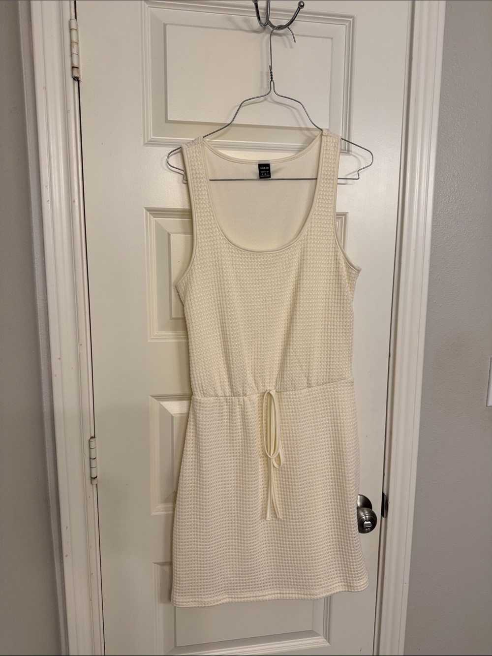 SHEIN Cream Textured Tank Mini Dress with Drawstring Waist